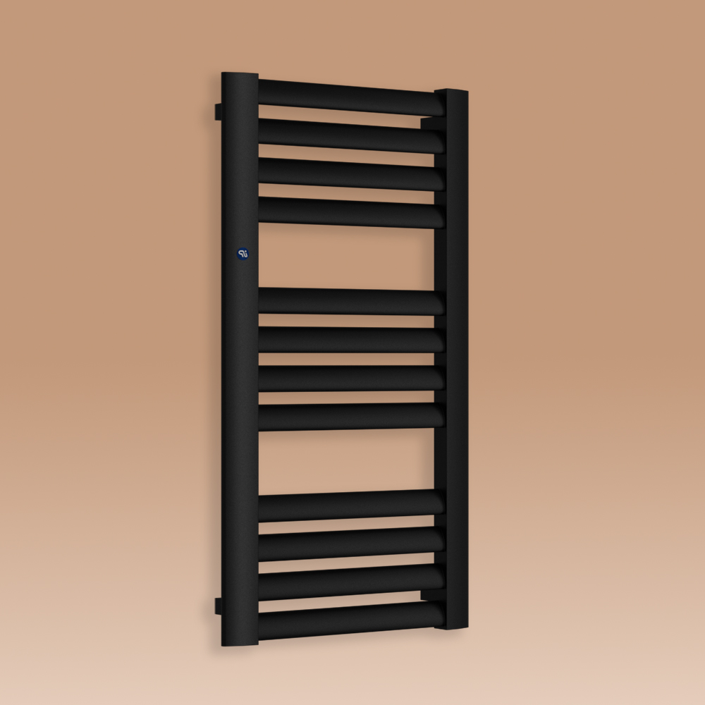 Grzejnik łazienkowy MAKAO 1205x477mm przyłącze D400mm czarny struktura biały RAL9016